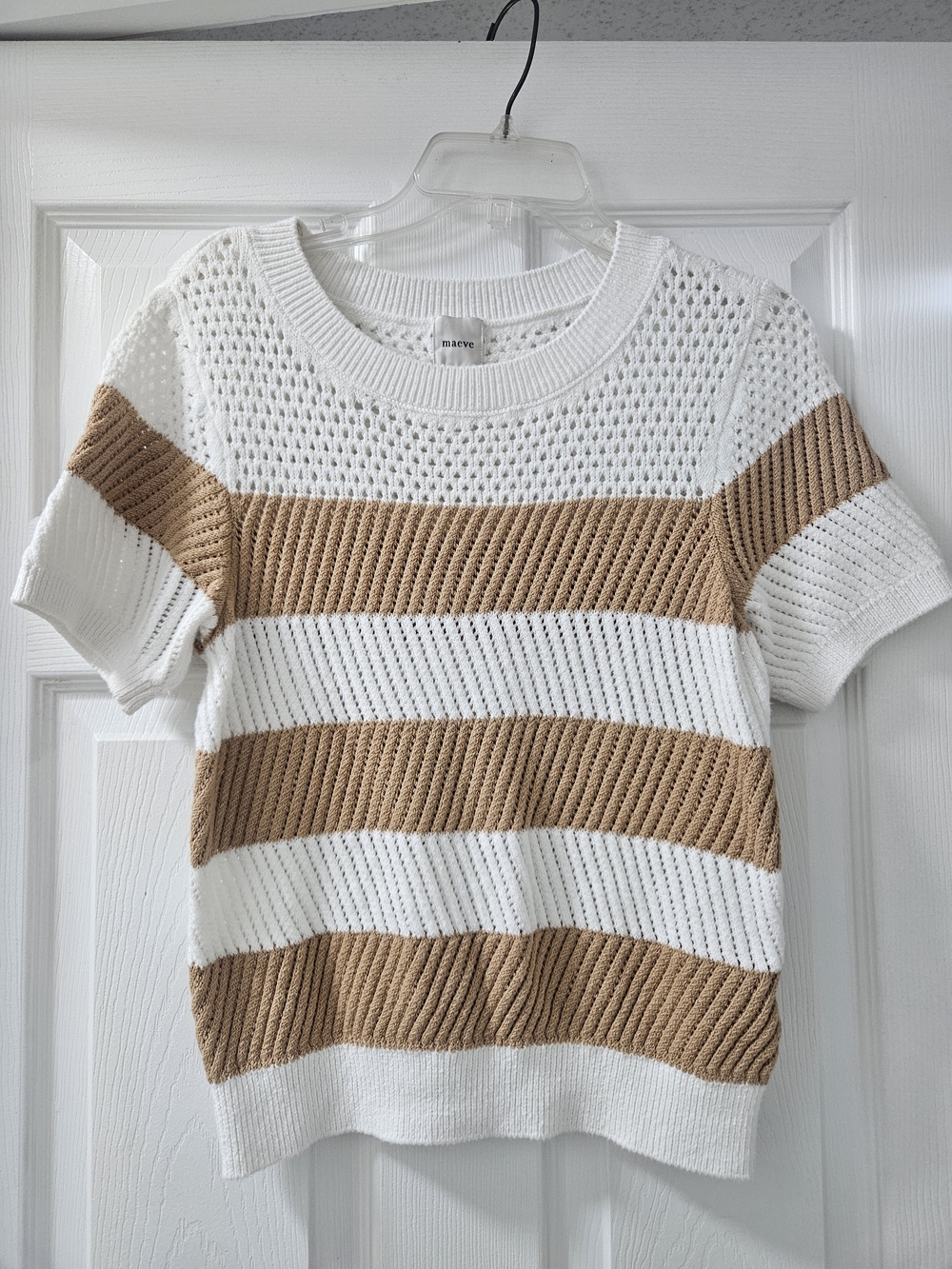Anthropologie Maeve White and Tan Striped Open-Knit Crew Sweater Size L